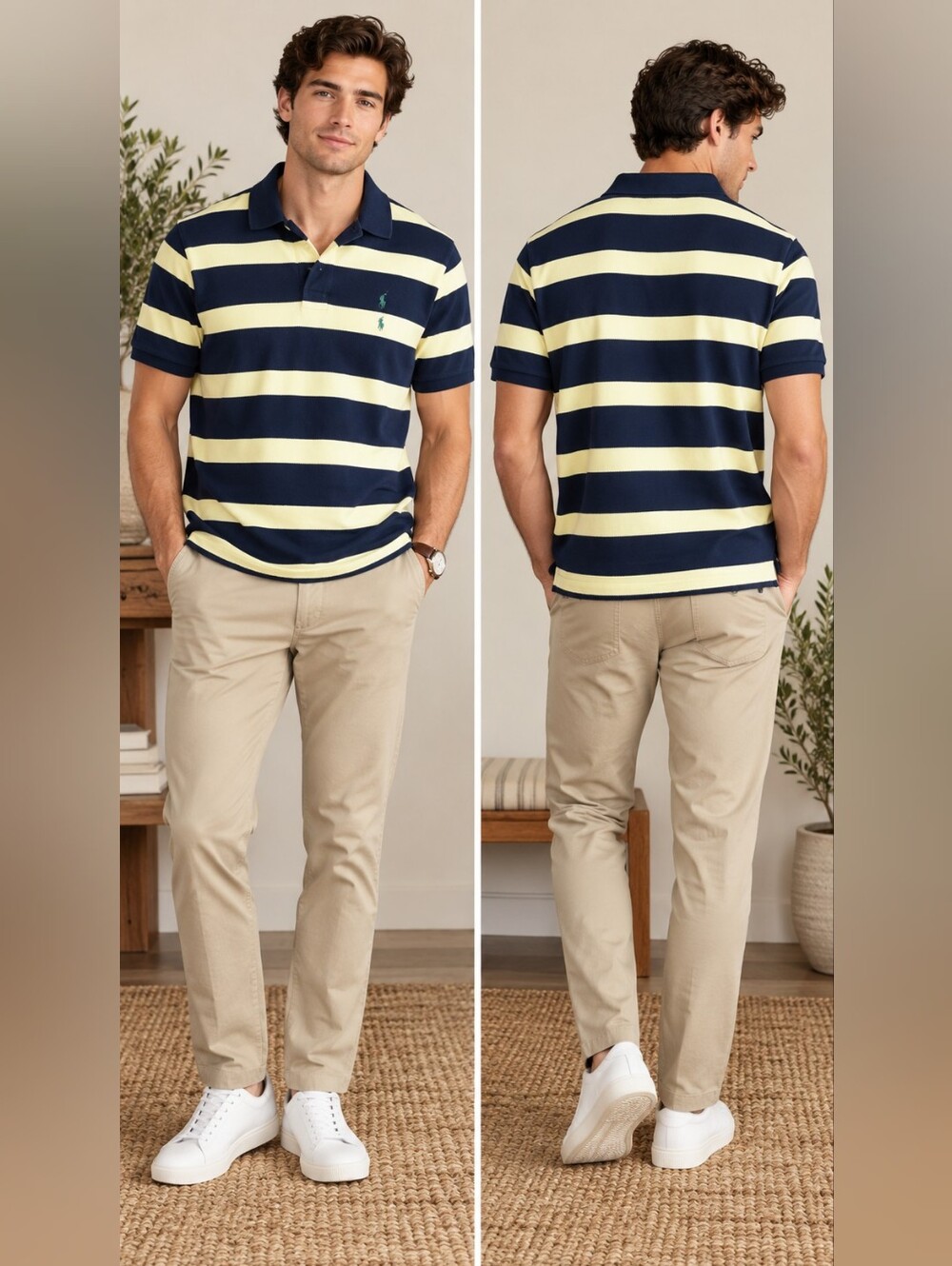 Vintage 90s Polo Ralph Lauren Men's XL Striped Polo Shirt – Navy Blue & Yellow